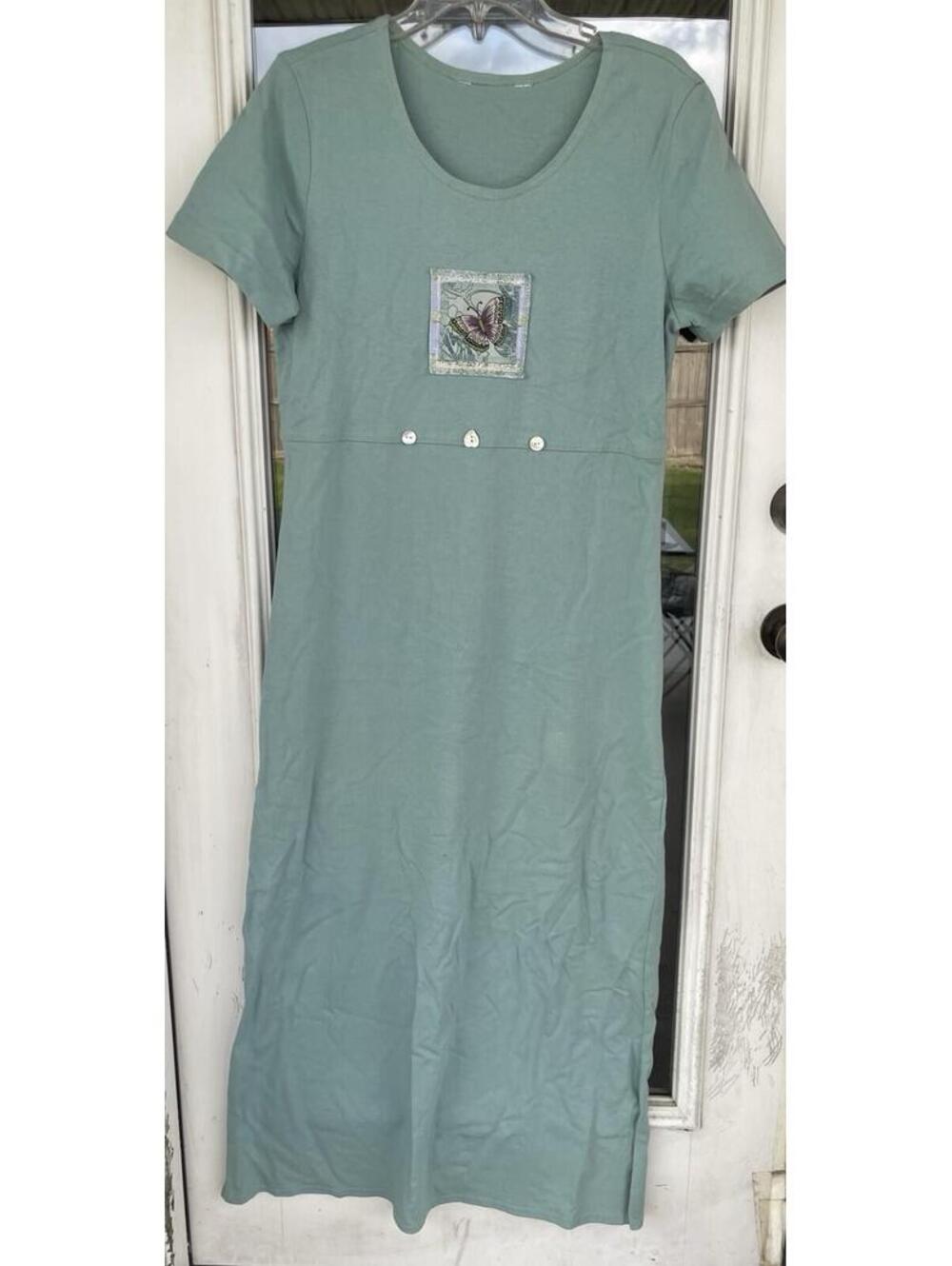 Vintage Short Sleeve Green Floral Maxi T-Shirt Dress No Size Tag Medium/Large